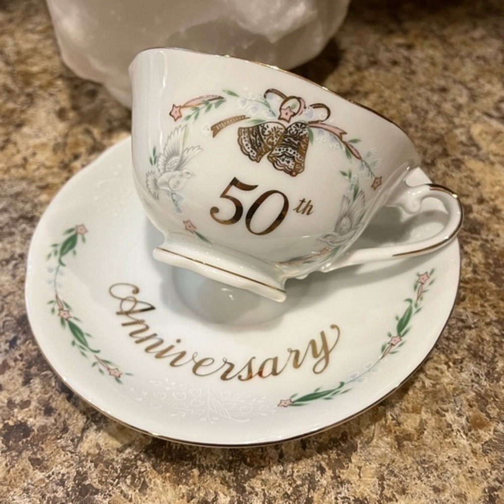 Vintage 1984 Lefton 50th Anniversary Tea Cup and Saucer Made in Japan